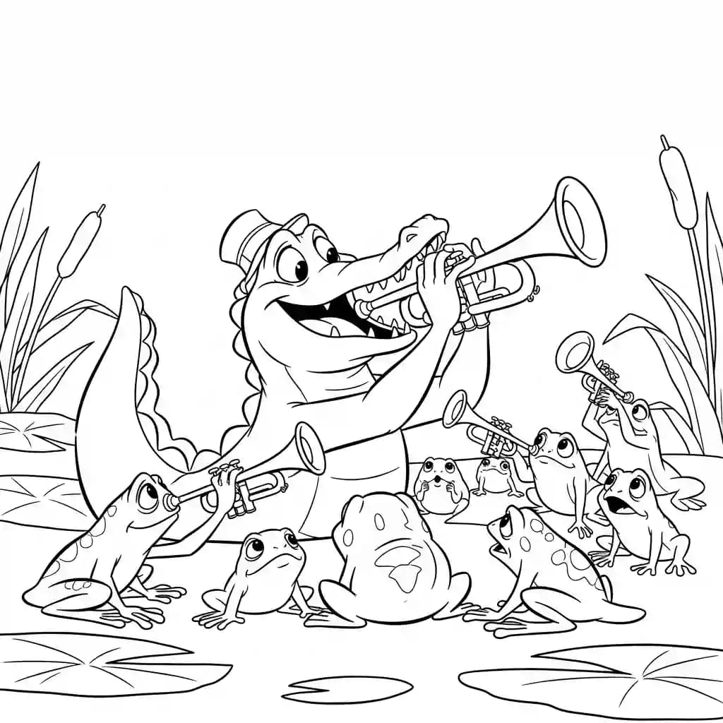 Desenho para colorir de A Princesa e o Sapo com cena encantada