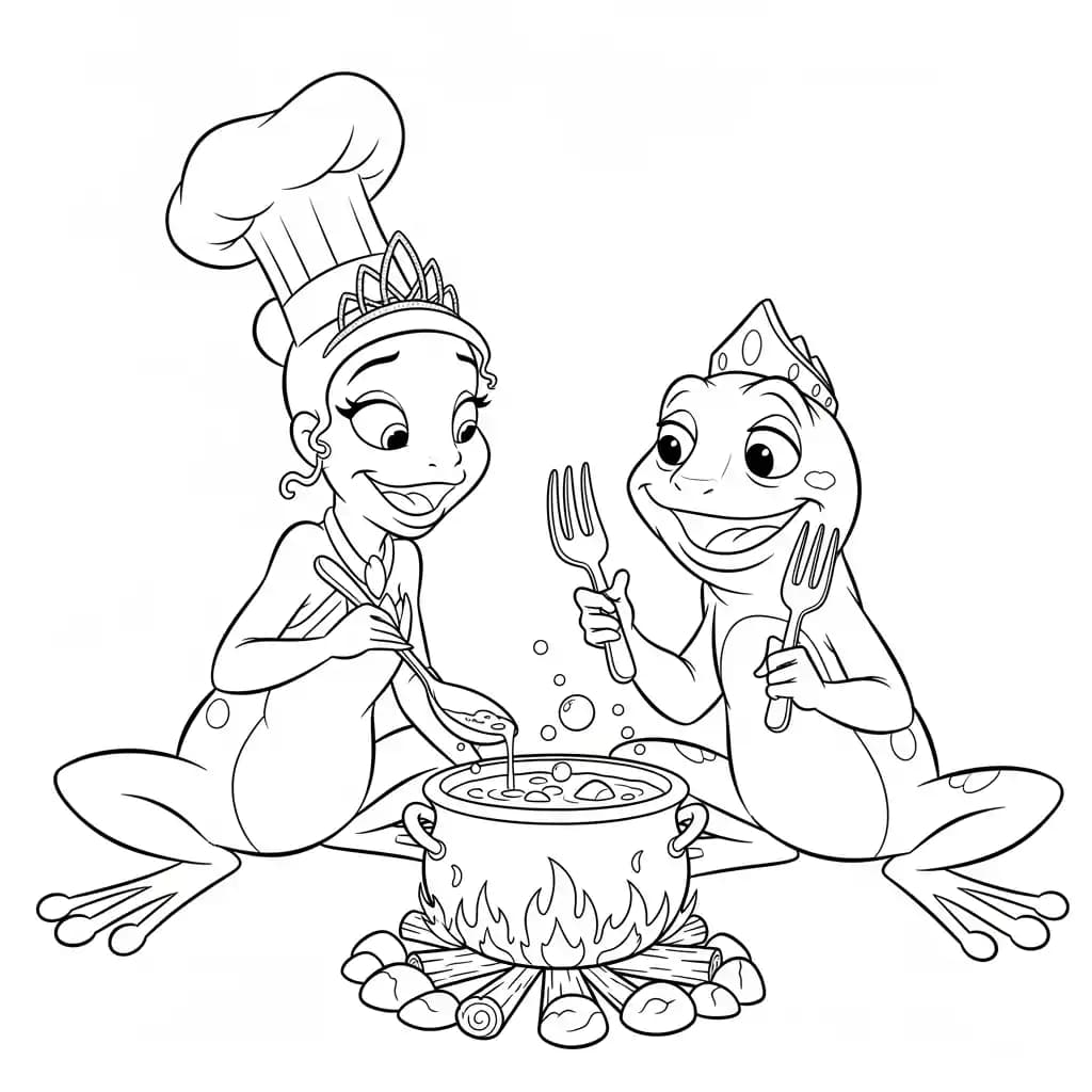 Desenho para colorir de A Princesa e o Sapo com cena encantada