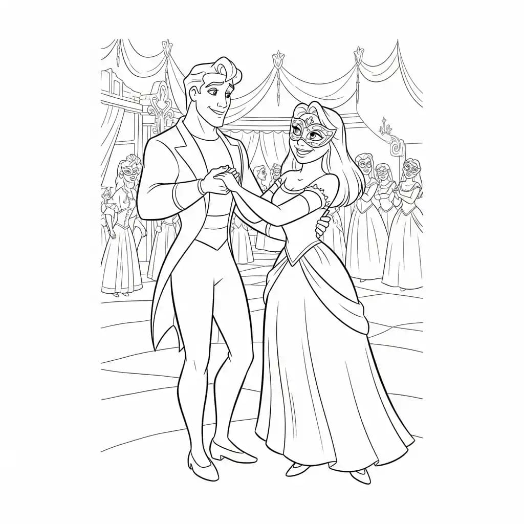 Desenho para colorir de A Princesa e o Sapo com cena encantada