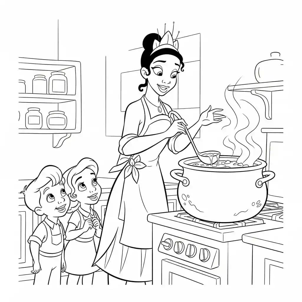Desenho para colorir de A Princesa e o Sapo com cena encantada
