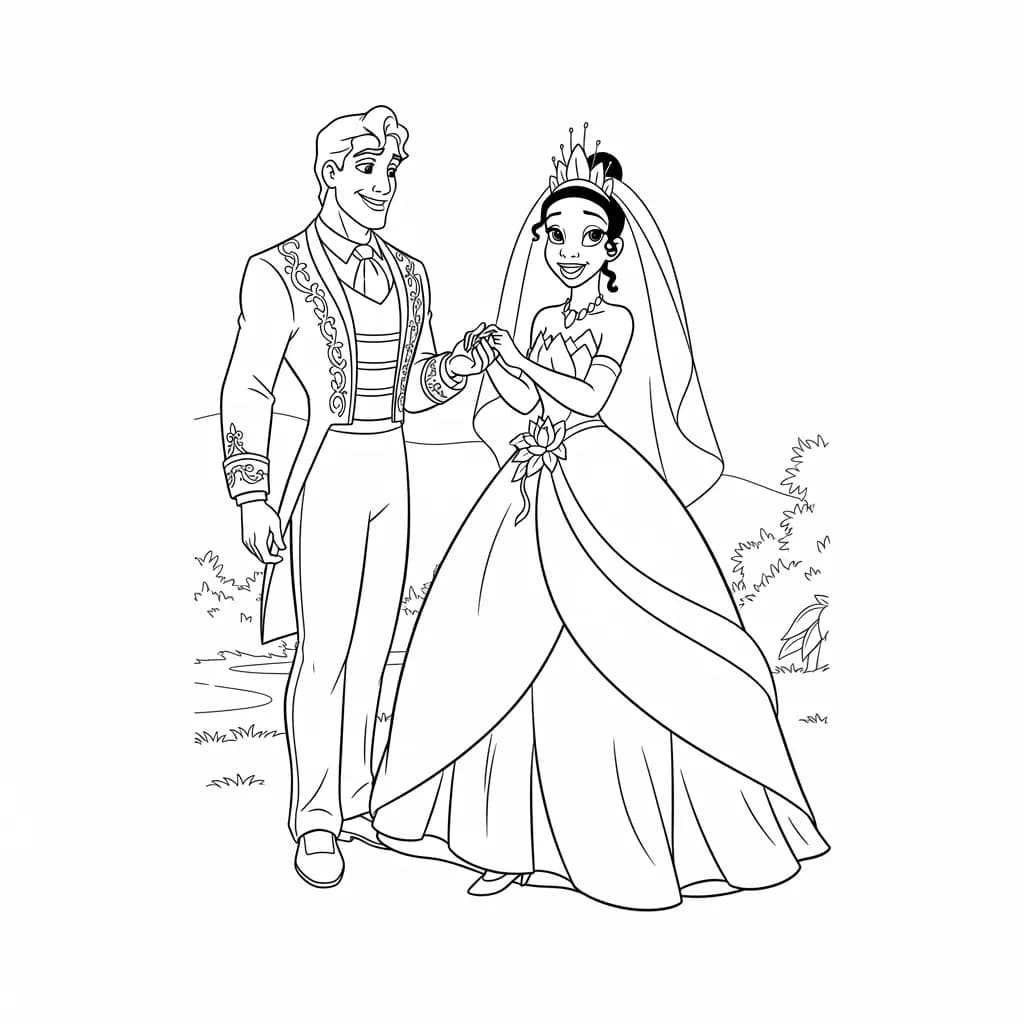 Desenho para colorir de A Princesa e o Sapo com cena encantada