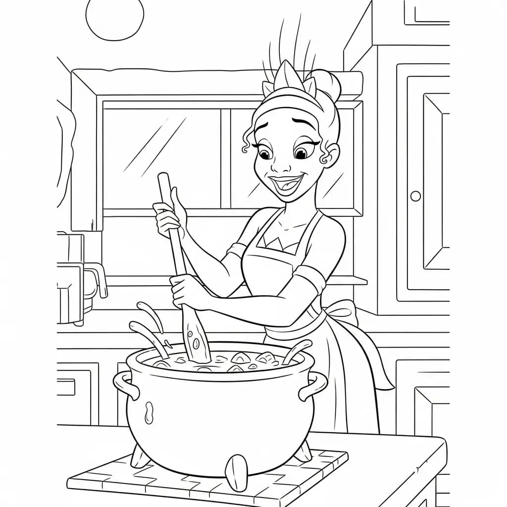 Desenho para colorir de A Princesa e o Sapo com cena encantada