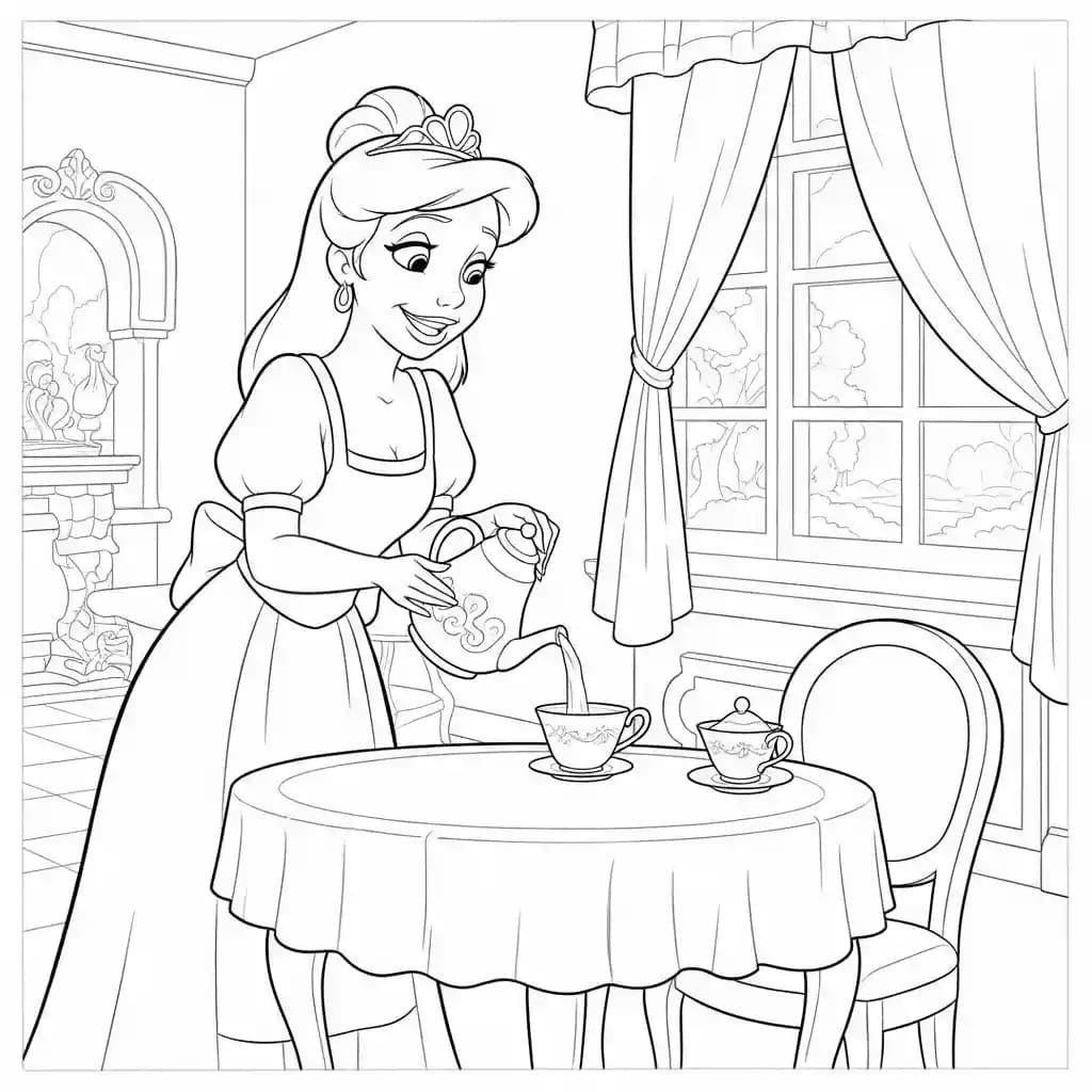Desenho para colorir de A Princesa e o Sapo com cena encantada