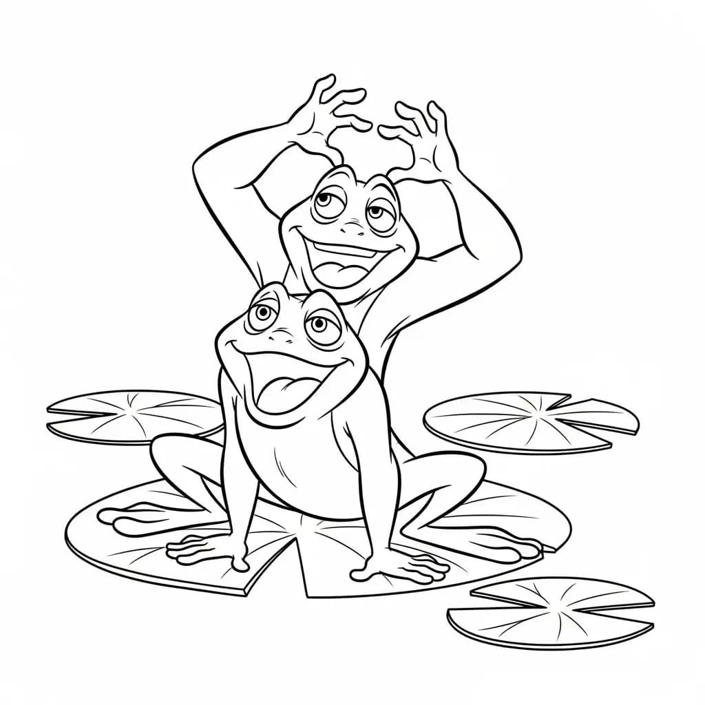 Desenho para colorir de A Princesa e o Sapo com cena encantada