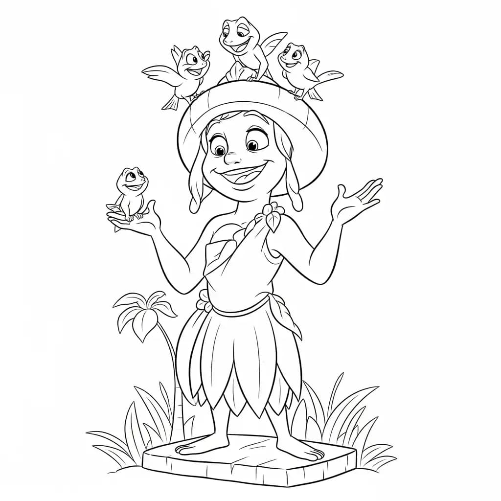 Desenho para colorir de A Princesa e o Sapo com cena encantada