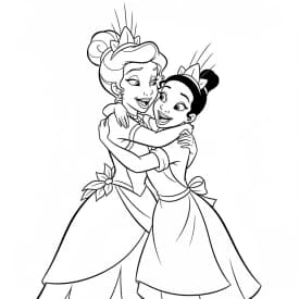 Desenho para colorir de A Princesa e o Sapo com cena encantada