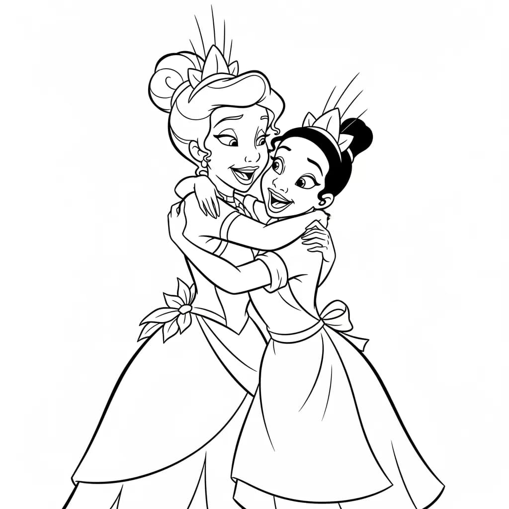 Desenho para colorir de A Princesa e o Sapo com cena encantada