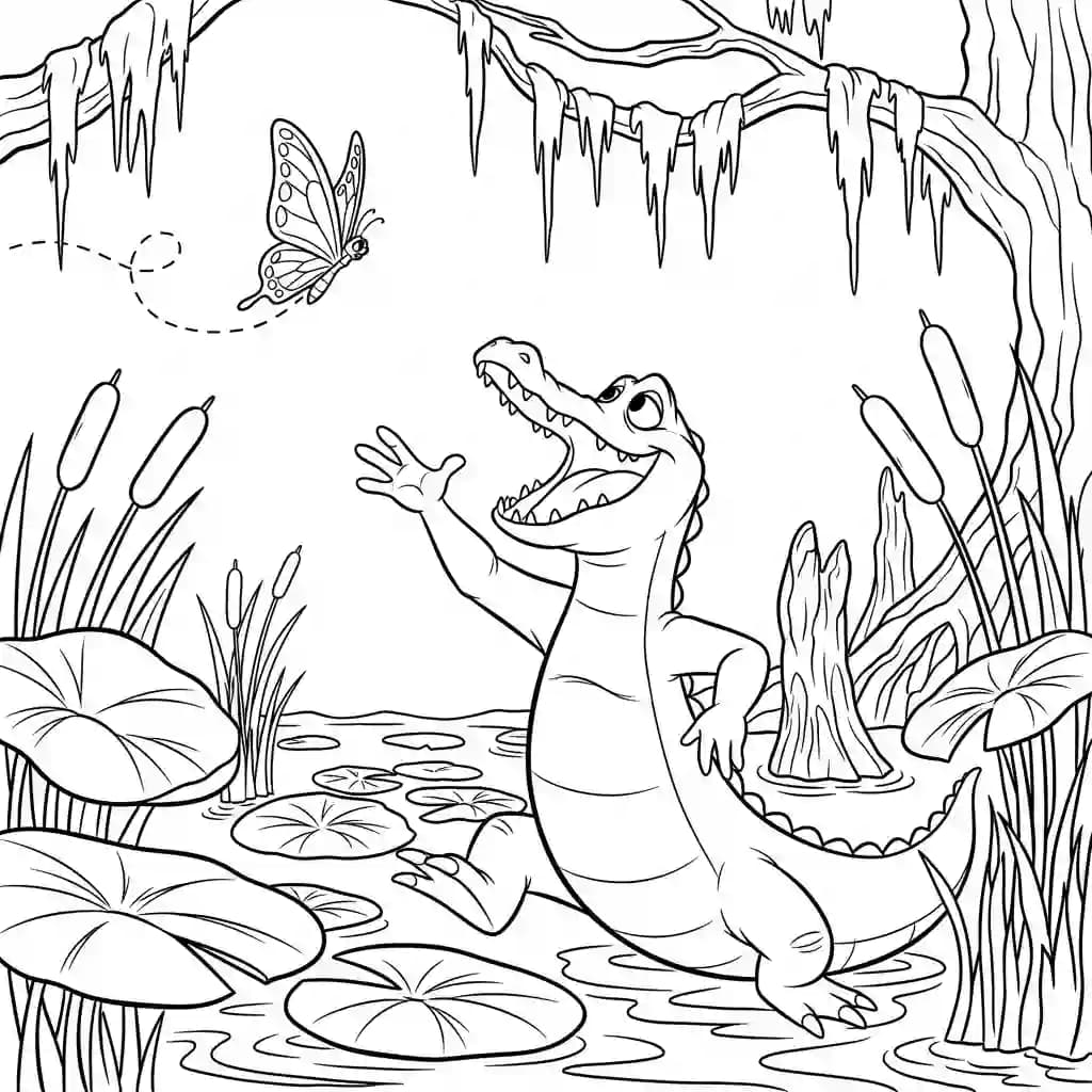 Desenho para colorir de A Princesa e o Sapo com cena encantada