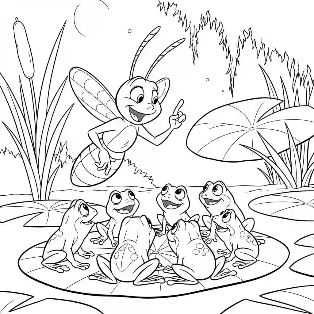 Desenho para colorir de A Princesa e o Sapo com cena encantada