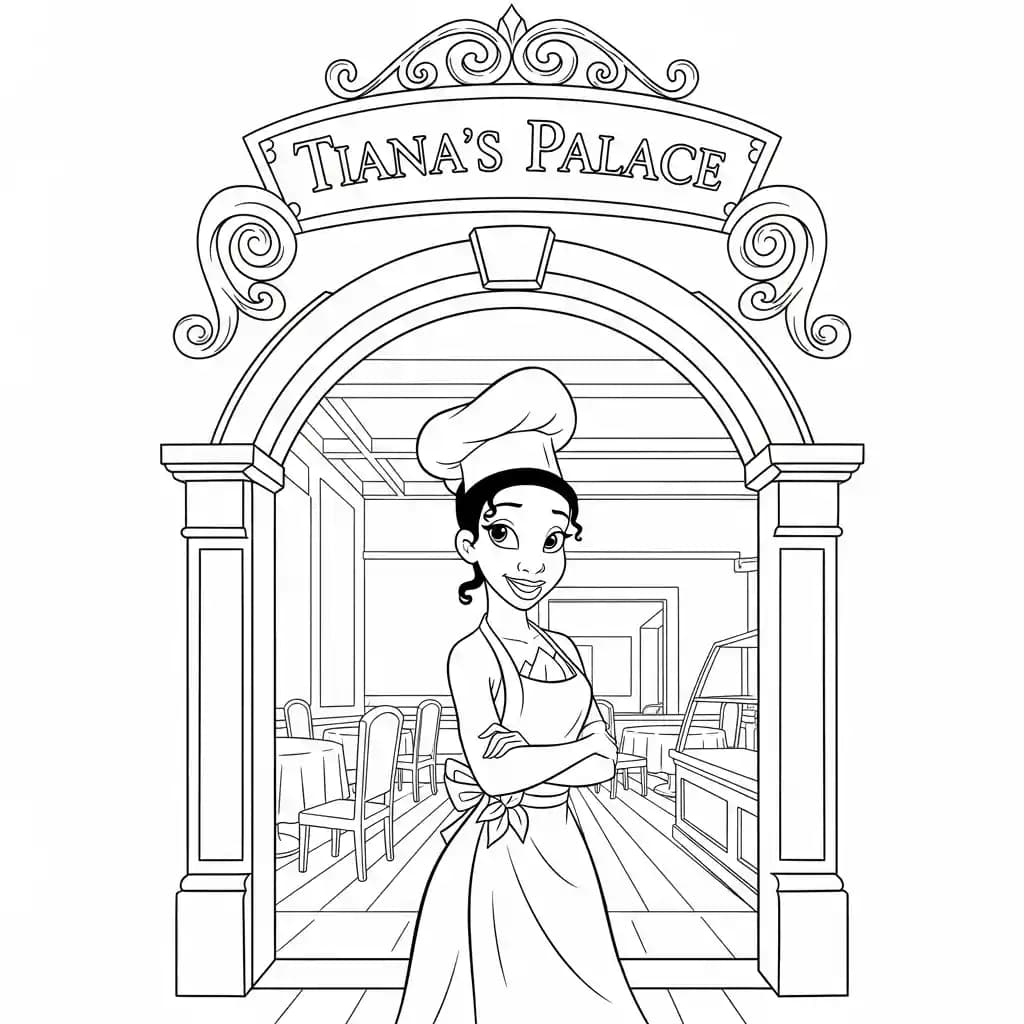 Desenho para colorir de A Princesa e o Sapo com cena encantada