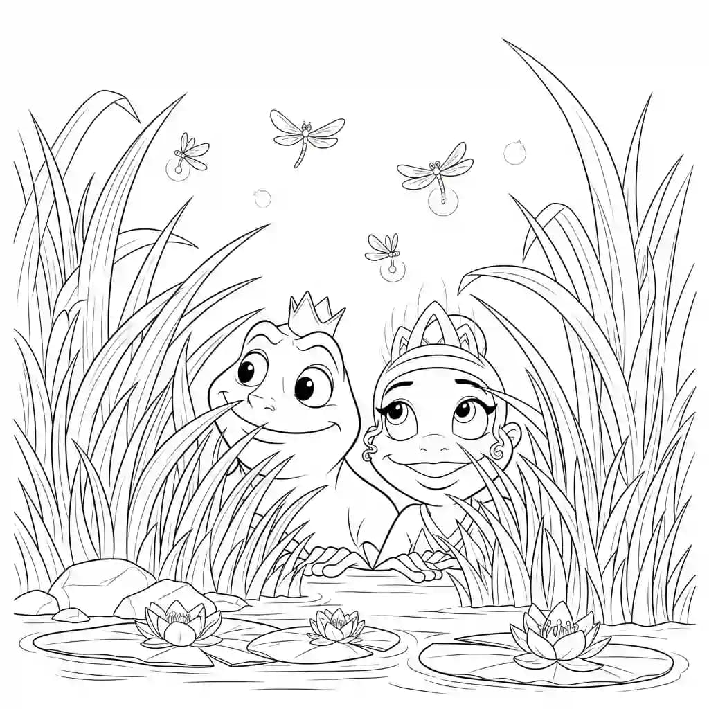 Desenho para colorir de A Princesa e o Sapo com cena encantada