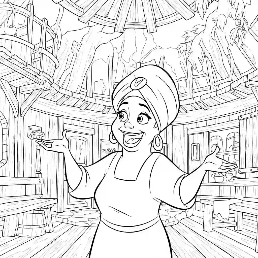 Desenho para colorir de A Princesa e o Sapo com cena encantada