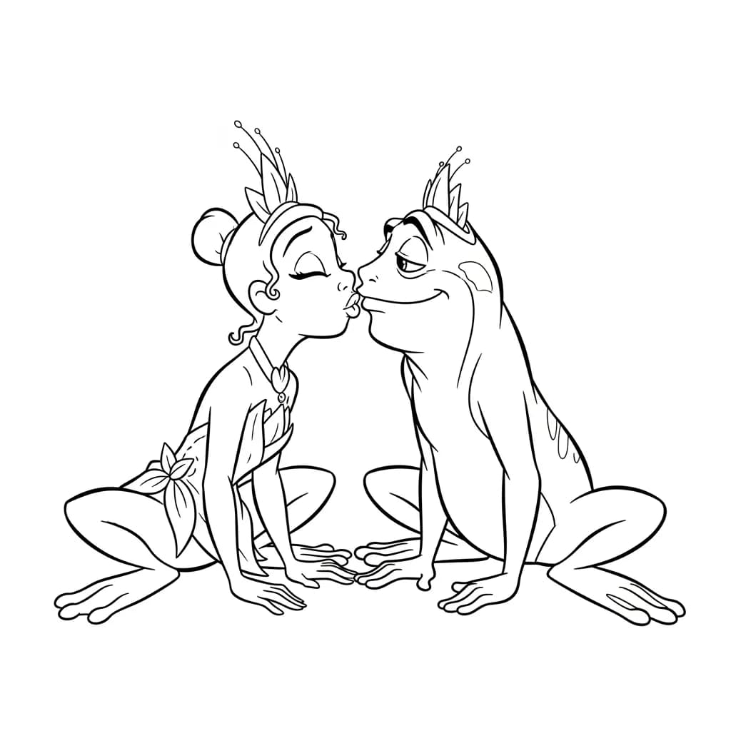 Desenho para colorir de A Princesa e o Sapo com cena encantada