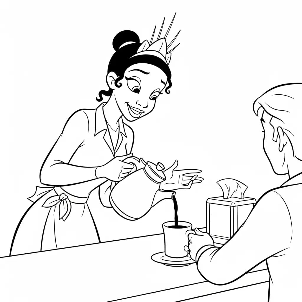 Desenho para colorir de A Princesa e o Sapo com cena encantada