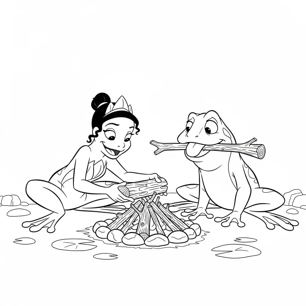 Desenho para colorir de A Princesa e o Sapo com cena encantada