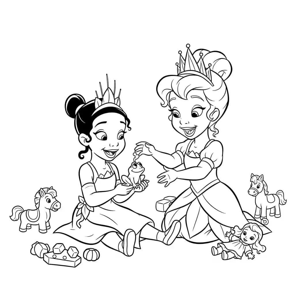 Desenho para colorir de A Princesa e o Sapo com cena encantada