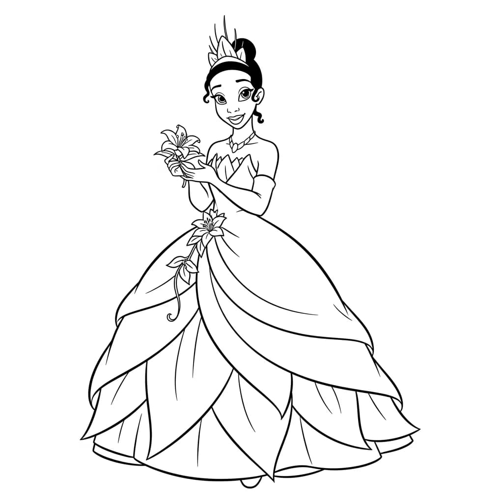 Desenho para colorir de A Princesa e o Sapo com cena encantada