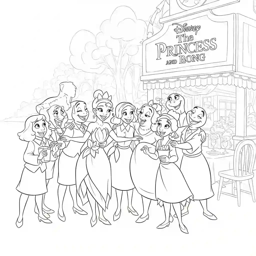 Desenho para colorir de A Princesa e o Sapo com cena encantada