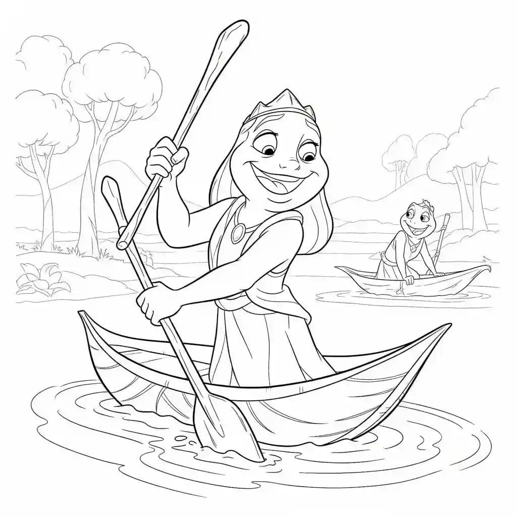 Desenho para colorir de A Princesa e o Sapo com cena encantada