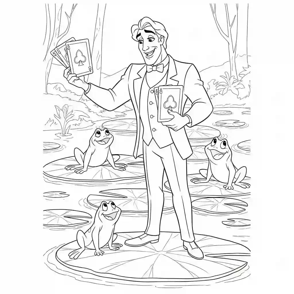 Desenho para colorir de A Princesa e o Sapo com cena encantada