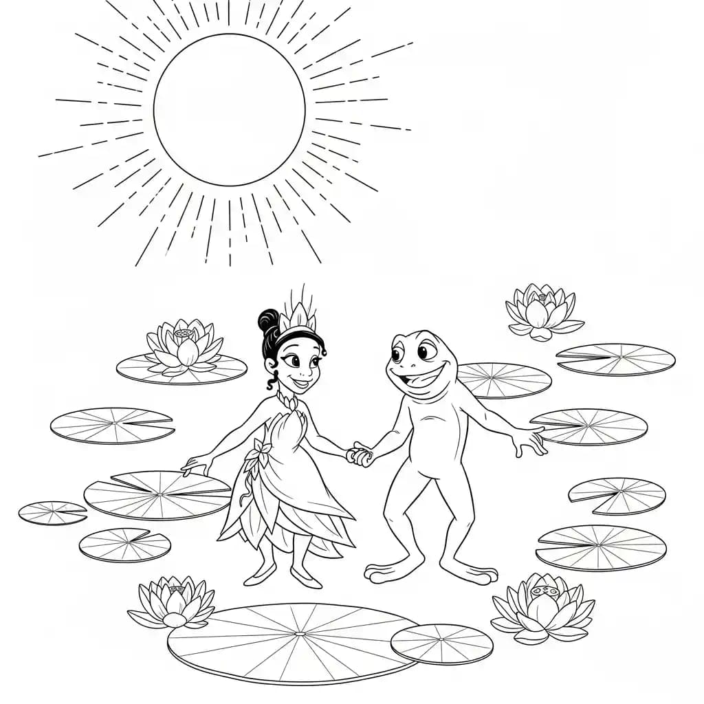 Desenho para colorir de A Princesa e o Sapo com cena encantada