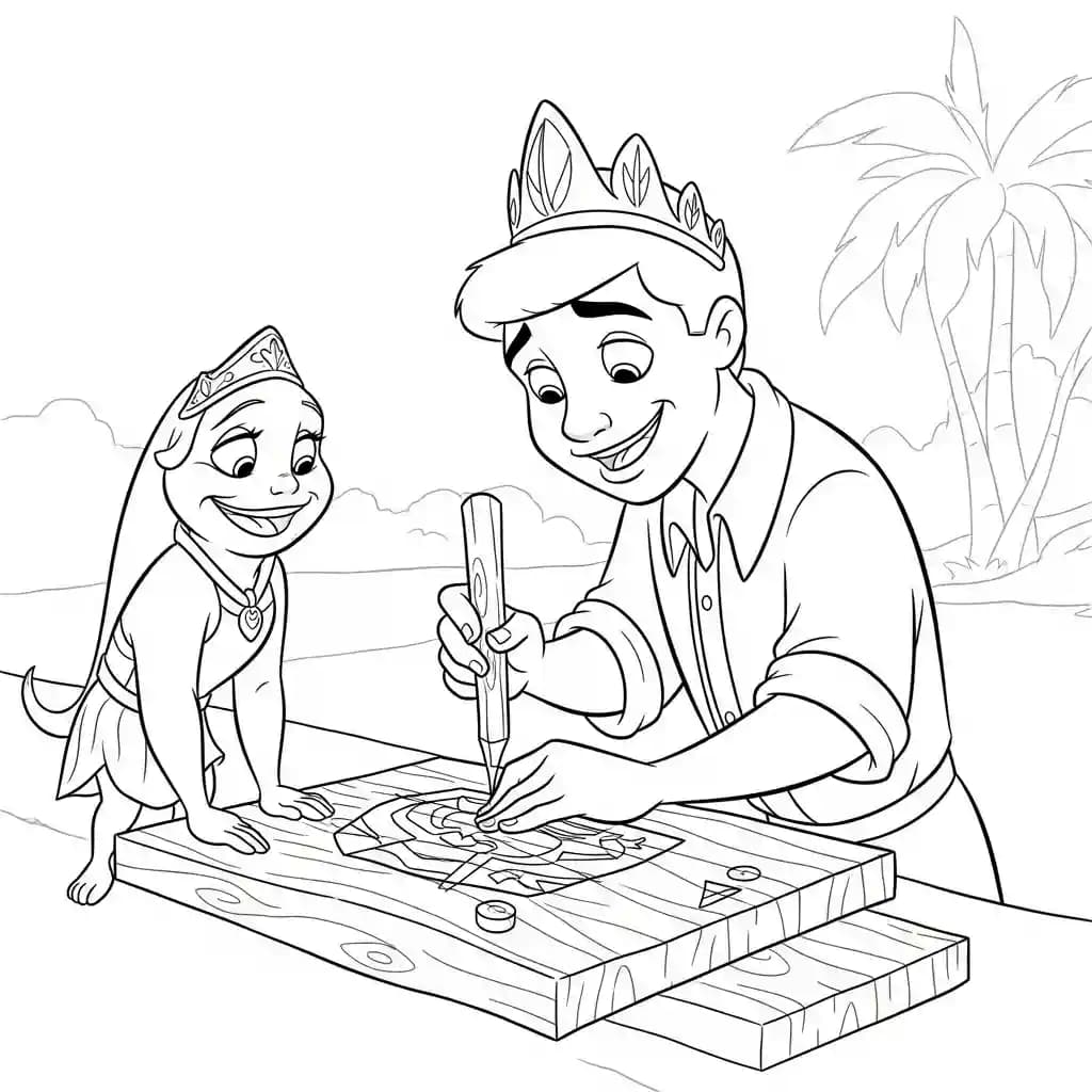 Desenho para colorir de A Princesa e o Sapo com cena encantada
