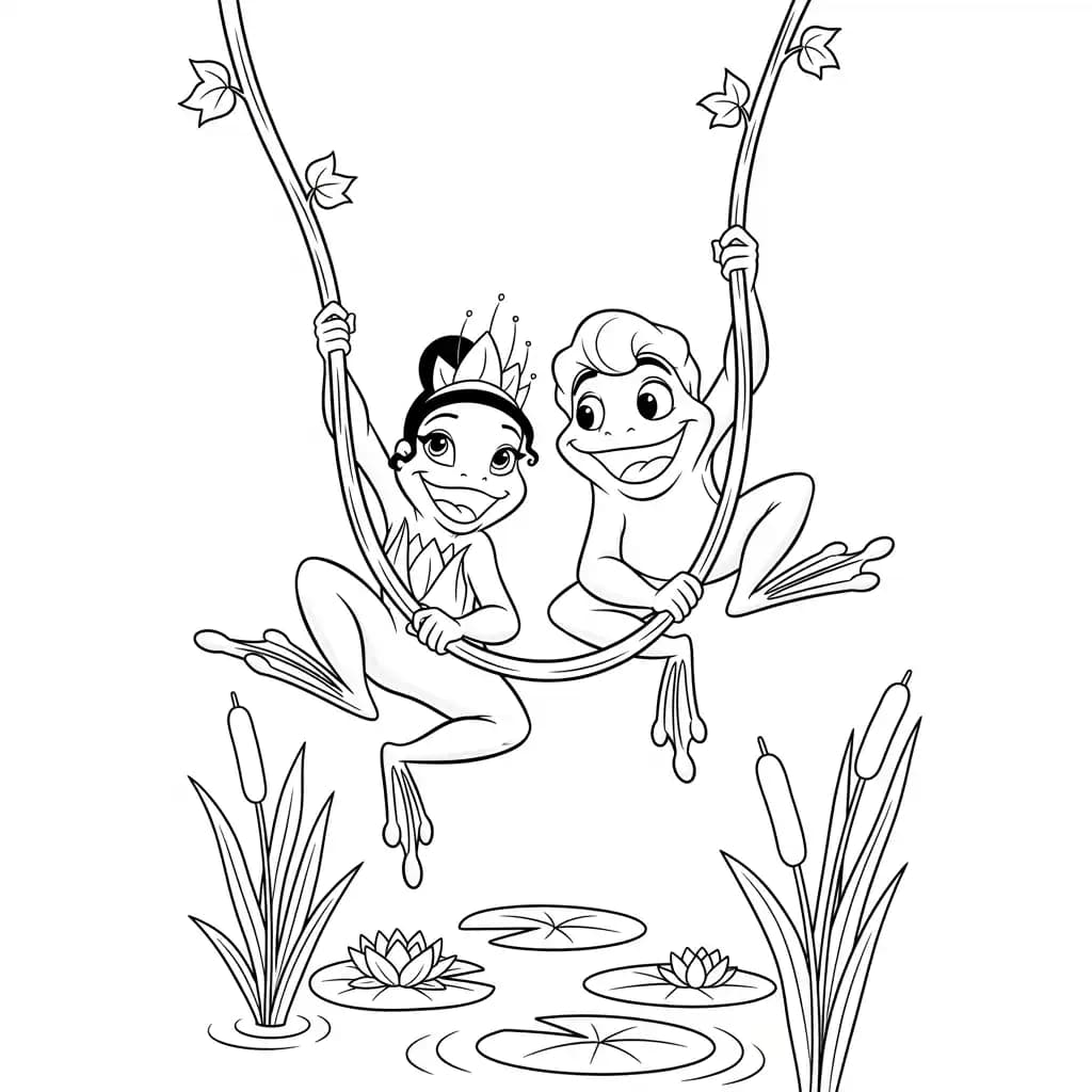 Desenho para colorir de A Princesa e o Sapo com cena encantada