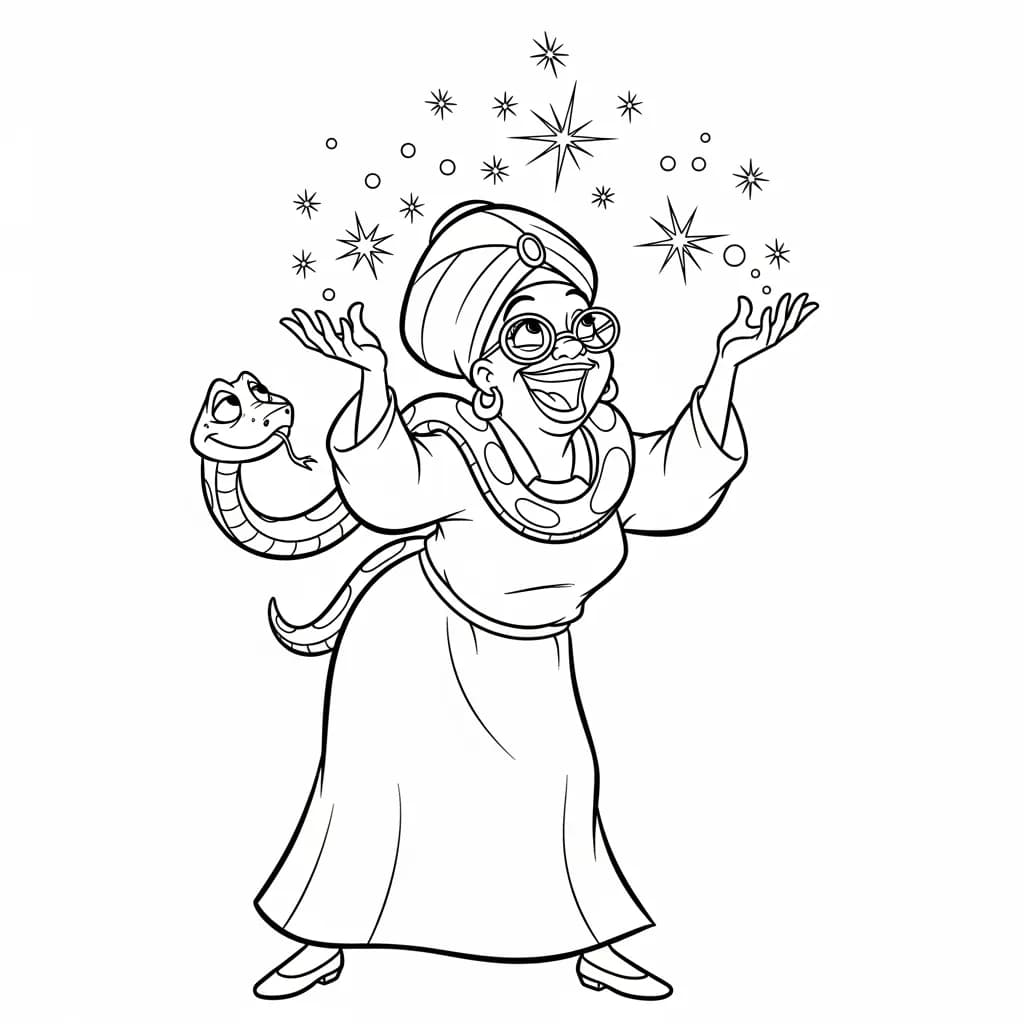 Desenho para colorir de A Princesa e o Sapo com cena encantada