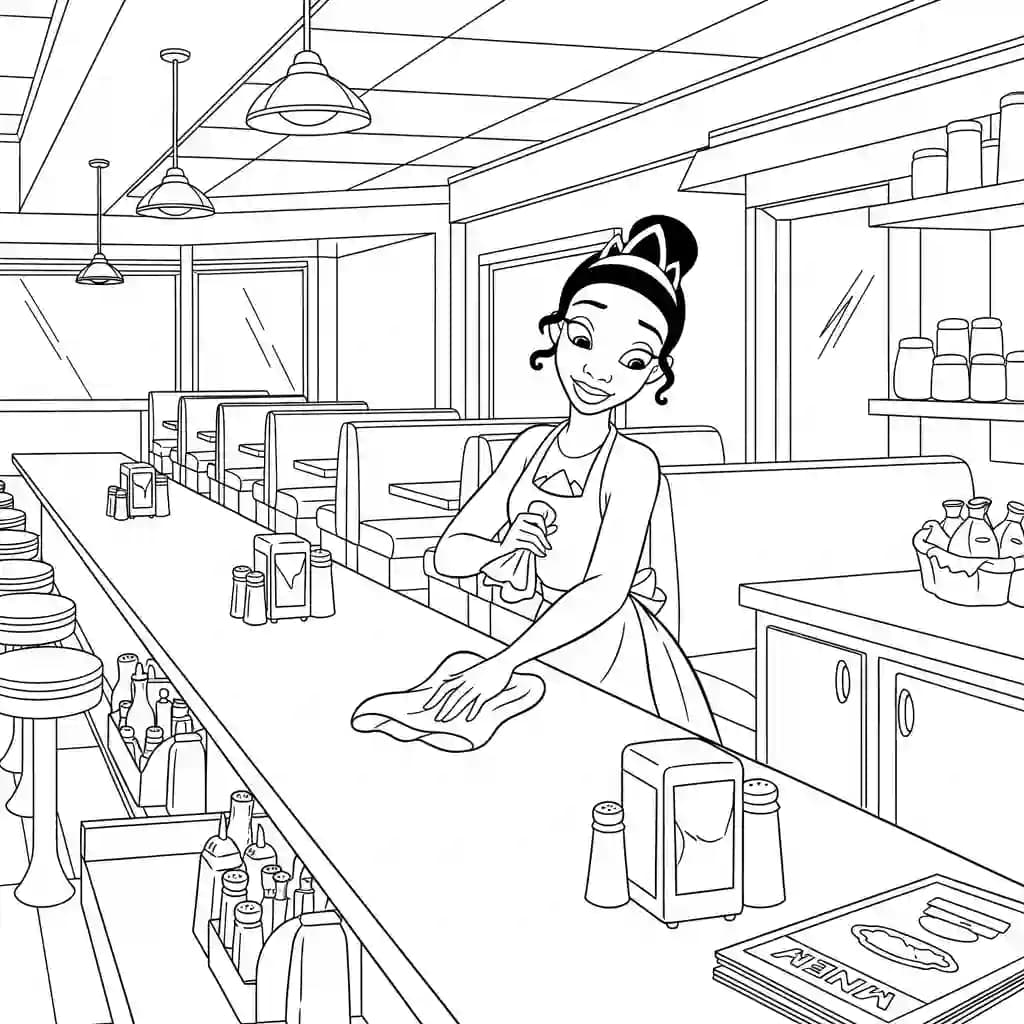 Desenho para colorir de A Princesa e o Sapo com cena encantada