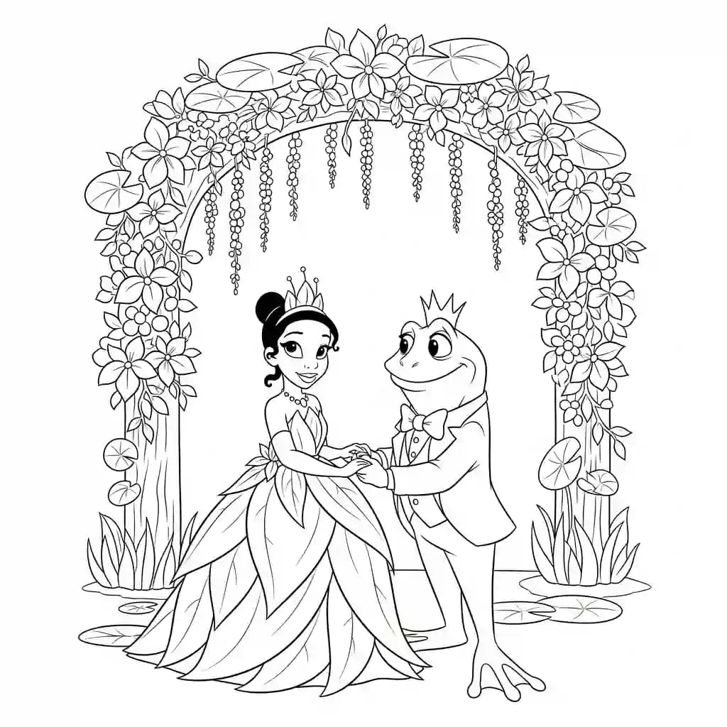 Desenho para colorir de A Princesa e o Sapo com cena encantada