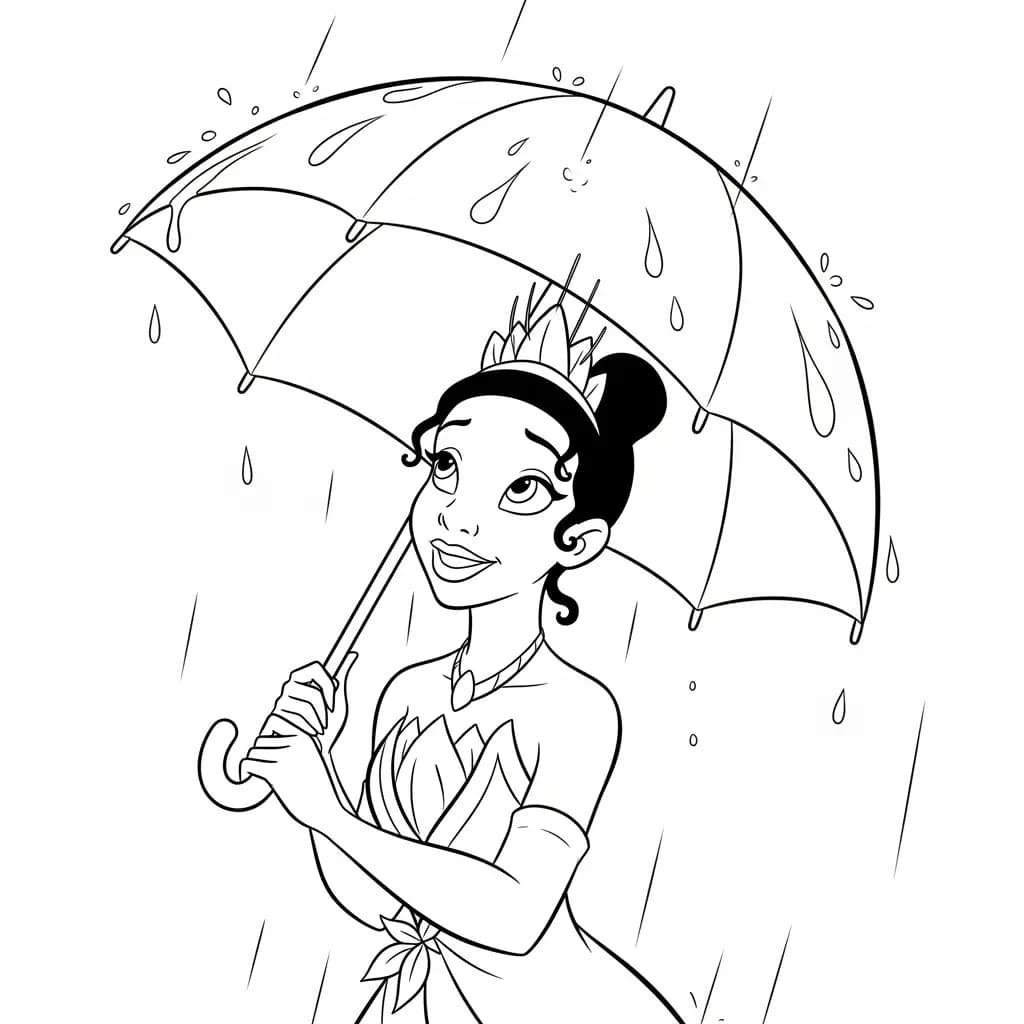 Desenho para colorir de A Princesa e o Sapo com cena encantada