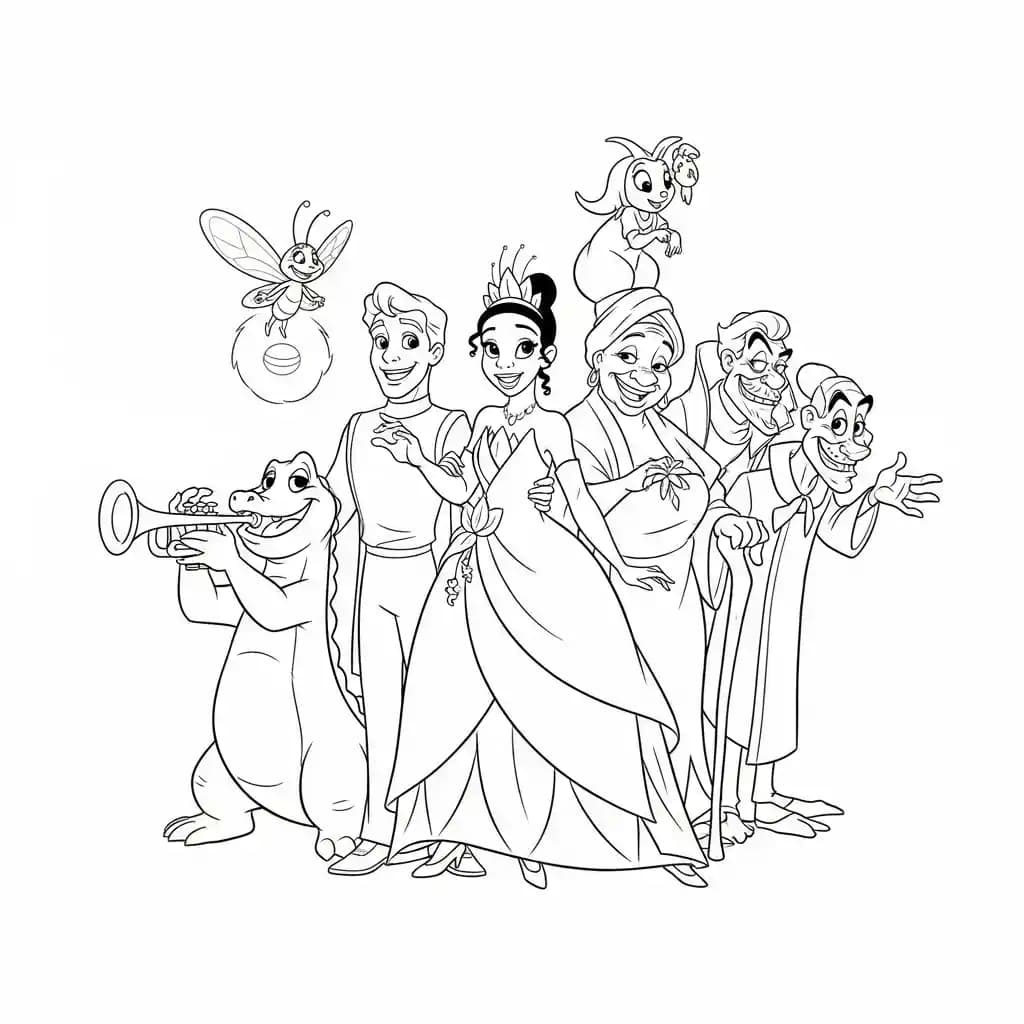 Desenho para colorir de A Princesa e o Sapo com cena encantada