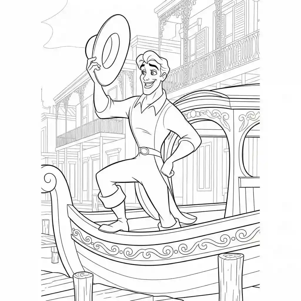 Desenho para colorir de A Princesa e o Sapo com cena encantada