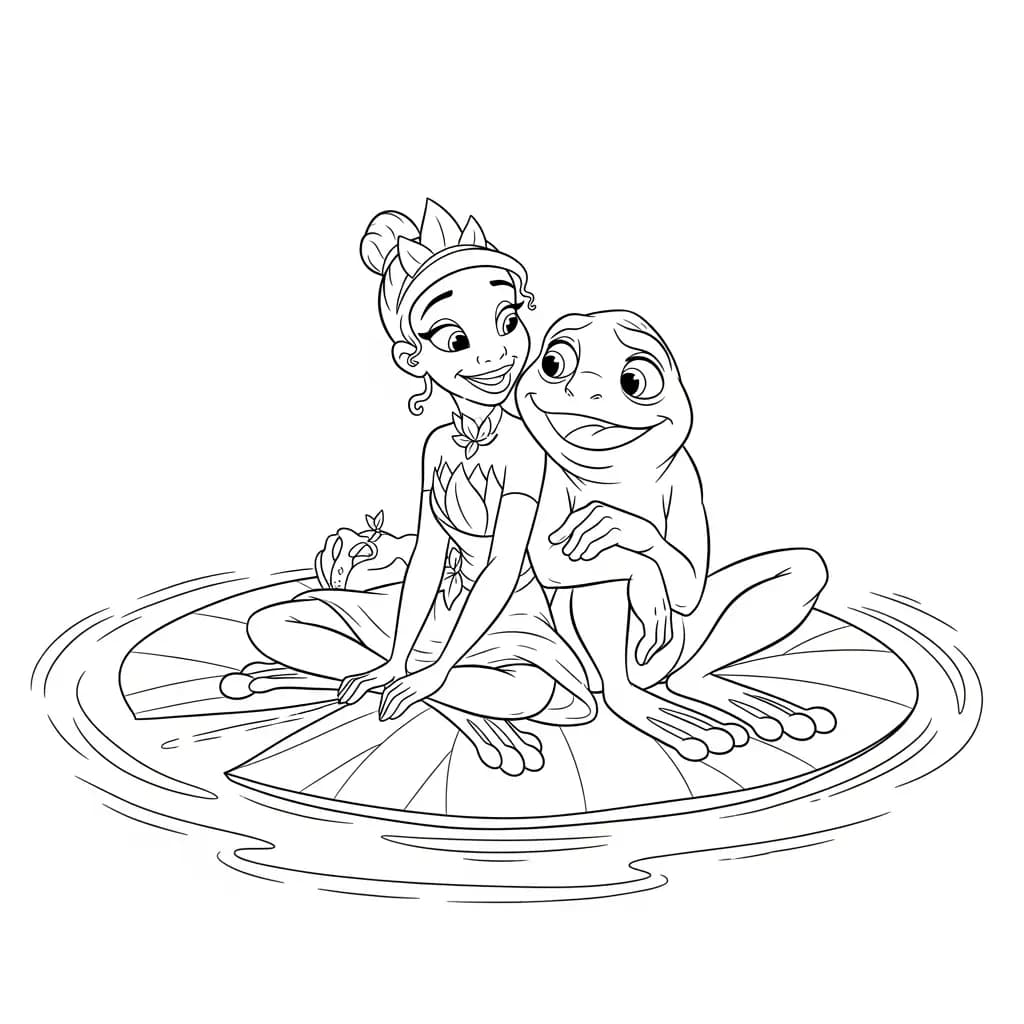 Desenho para colorir de A Princesa e o Sapo com cena encantada