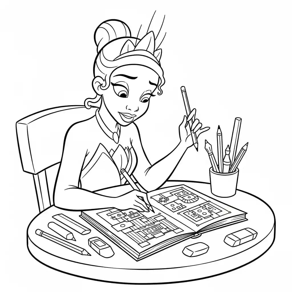 Desenho para colorir de A Princesa e o Sapo com cena encantada