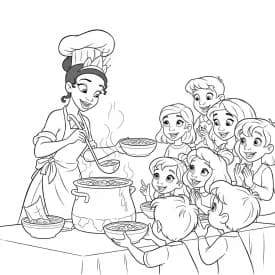 Desenho para colorir de A Princesa e o Sapo com cena encantada