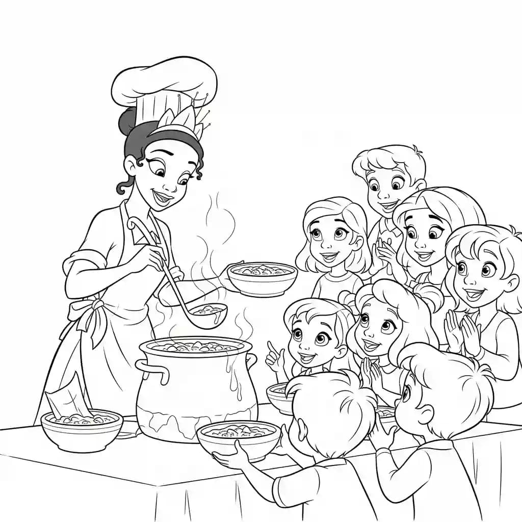 Desenho para colorir de A Princesa e o Sapo com cena encantada