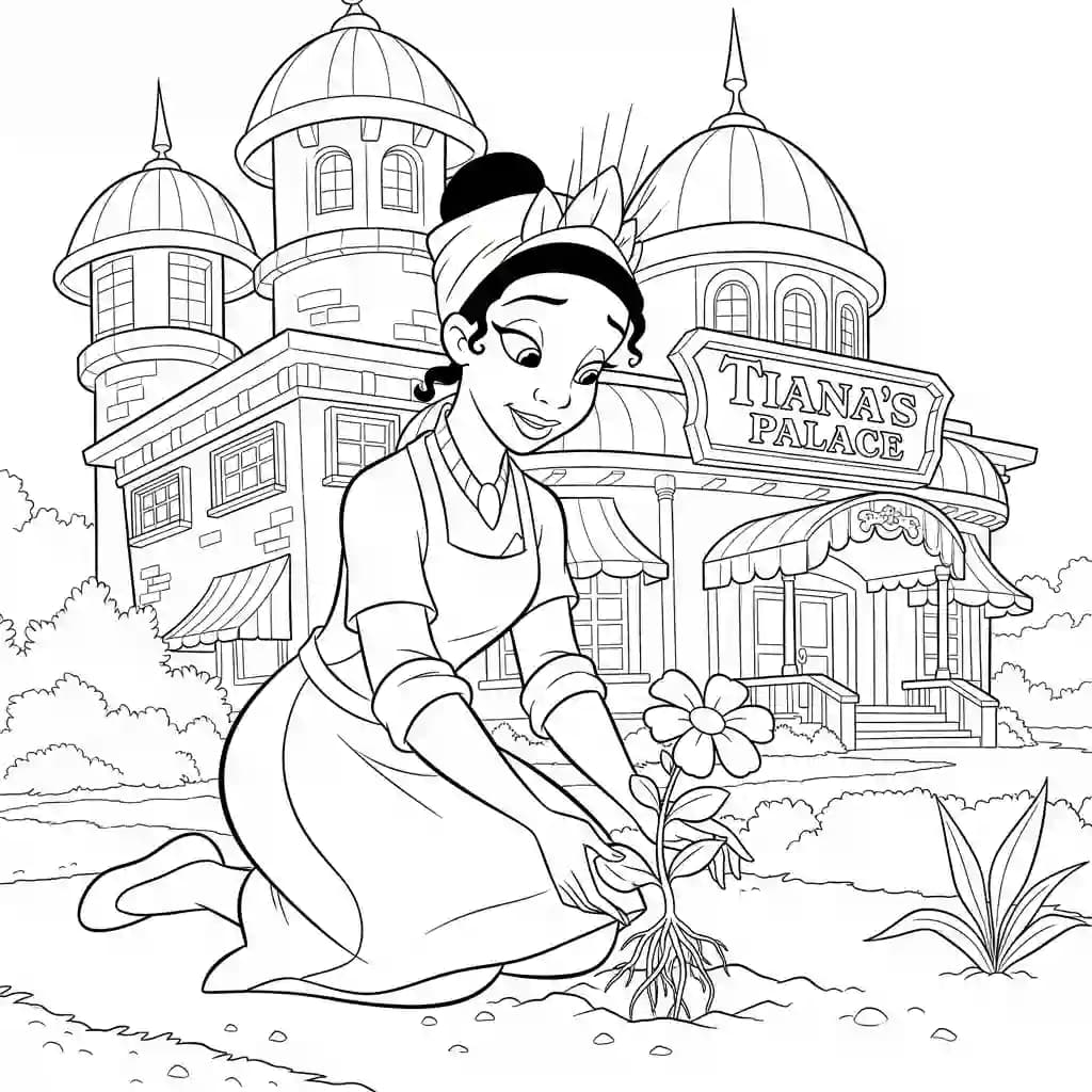 Desenho para colorir de A Princesa e o Sapo com cena encantada