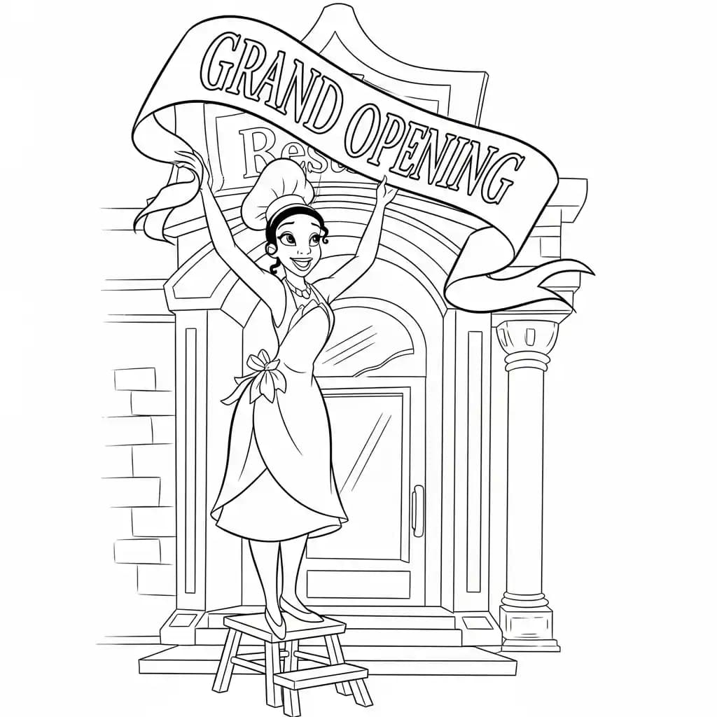 Desenho para colorir de A Princesa e o Sapo com cena encantada