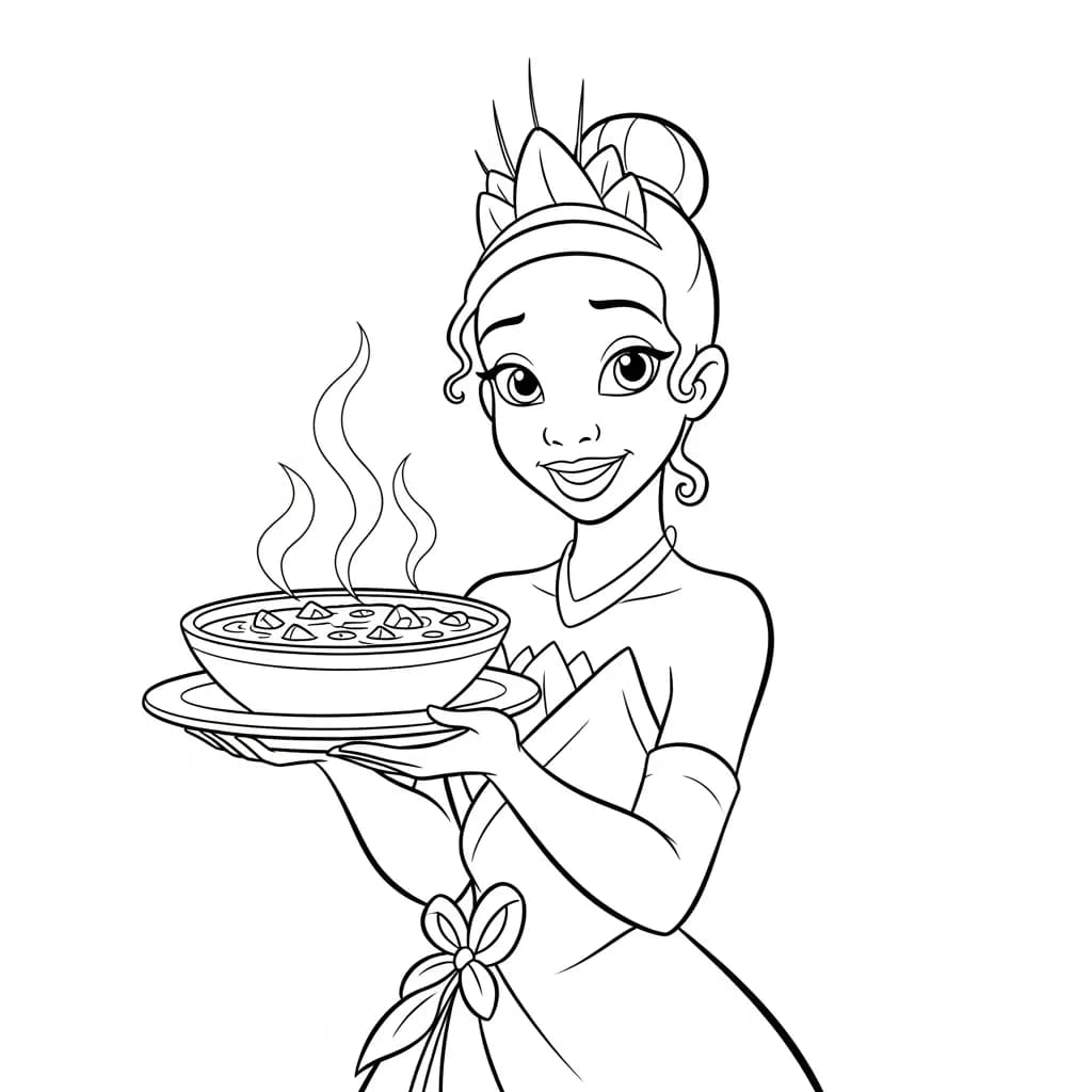 Desenho para colorir de A Princesa e o Sapo com cena encantada
