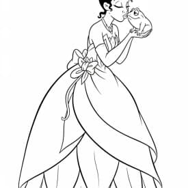 Desenho para colorir de A Princesa e o Sapo com cena encantada
