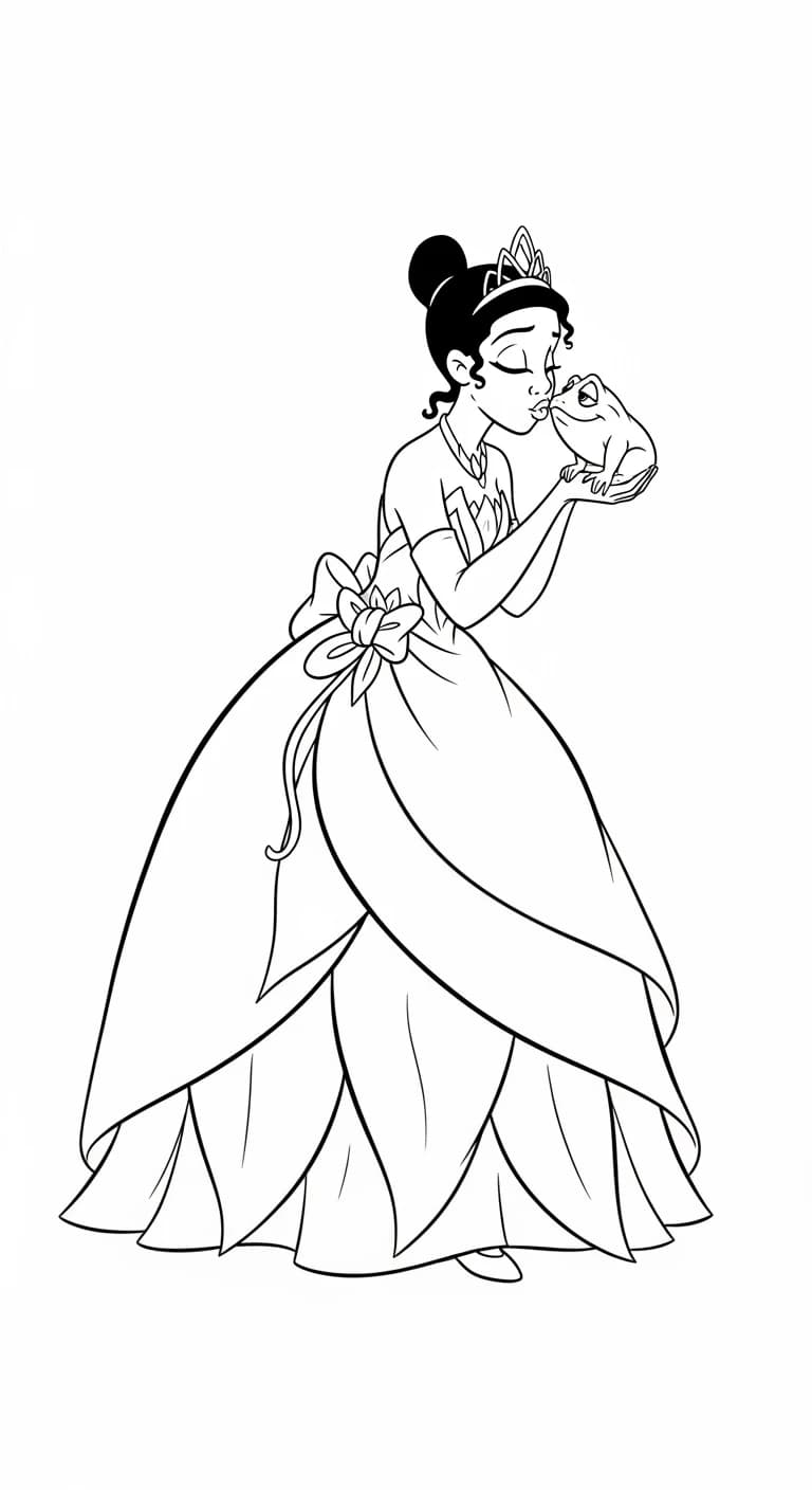 Desenho para colorir de A Princesa e o Sapo com cena encantada