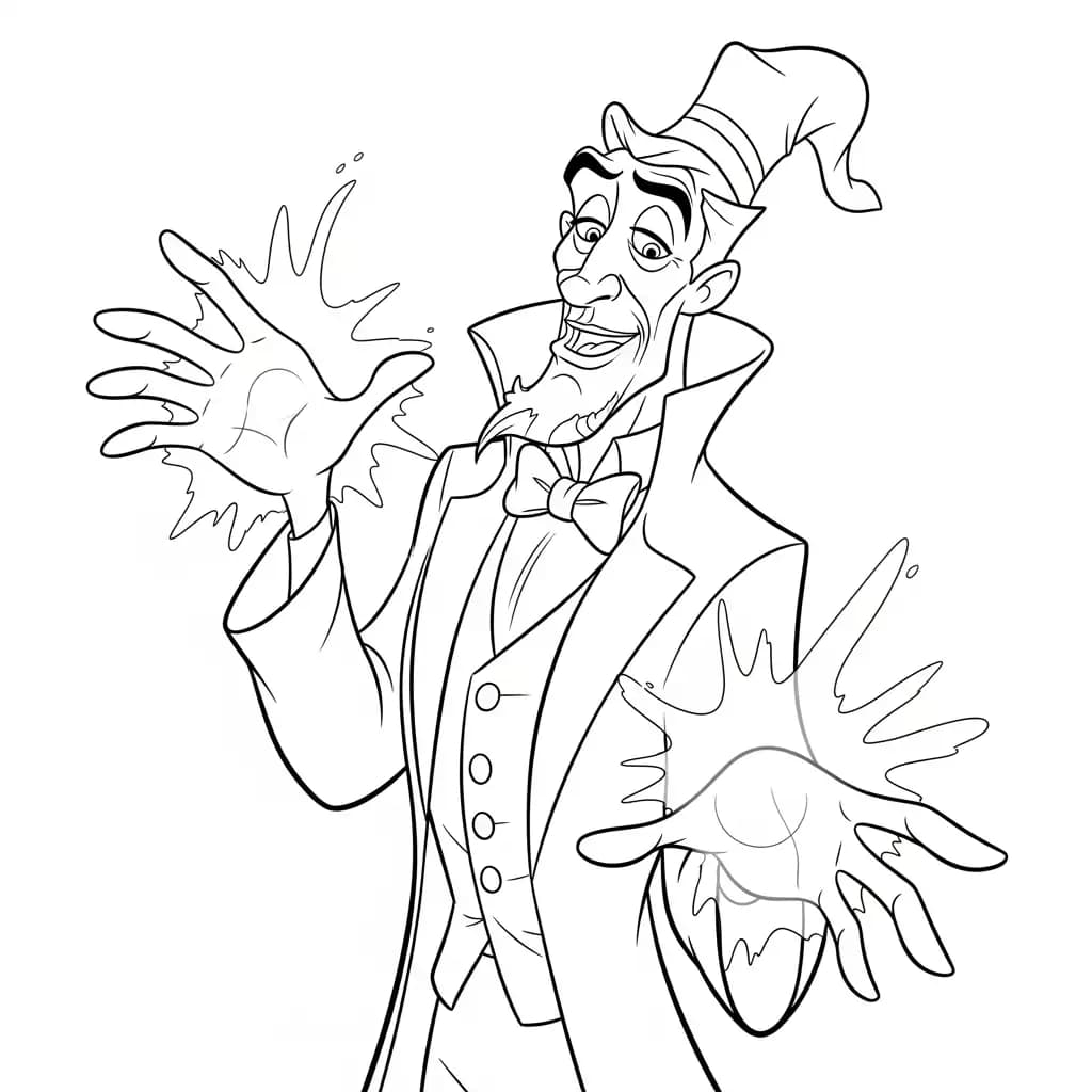 Desenho para colorir de A Princesa e o Sapo com cena encantada