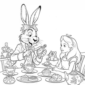 alice tomando chá com o chapeleiro maluco – desenho para colorir