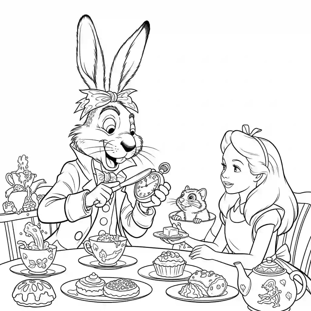 alice tomando chá com o chapeleiro maluco – desenho para colorir