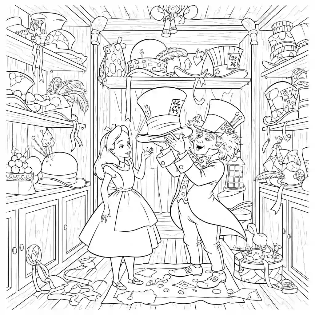 alice tomando chá com o chapeleiro maluco – desenho para colorir