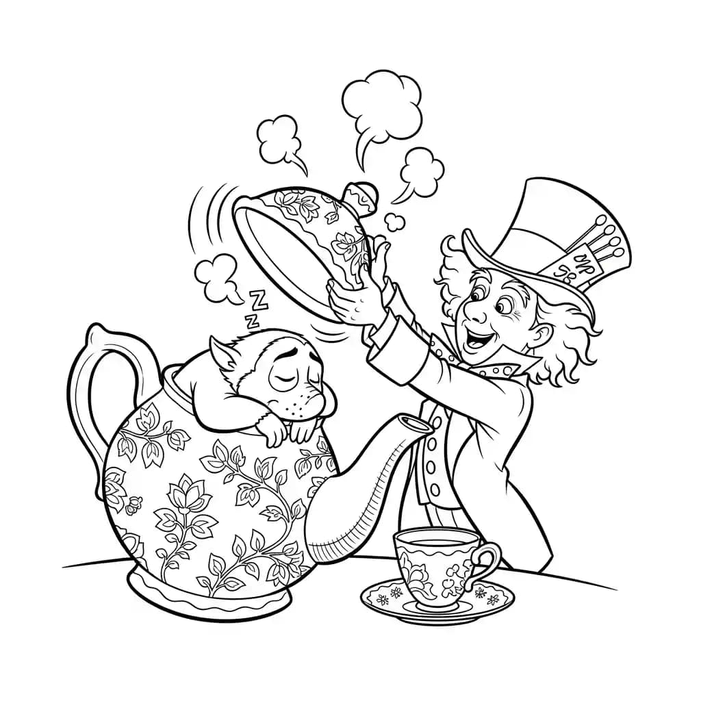 alice tomando chá com o chapeleiro maluco – desenho para colorir