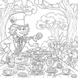 alice tomando chá com o chapeleiro maluco – desenho para colorir