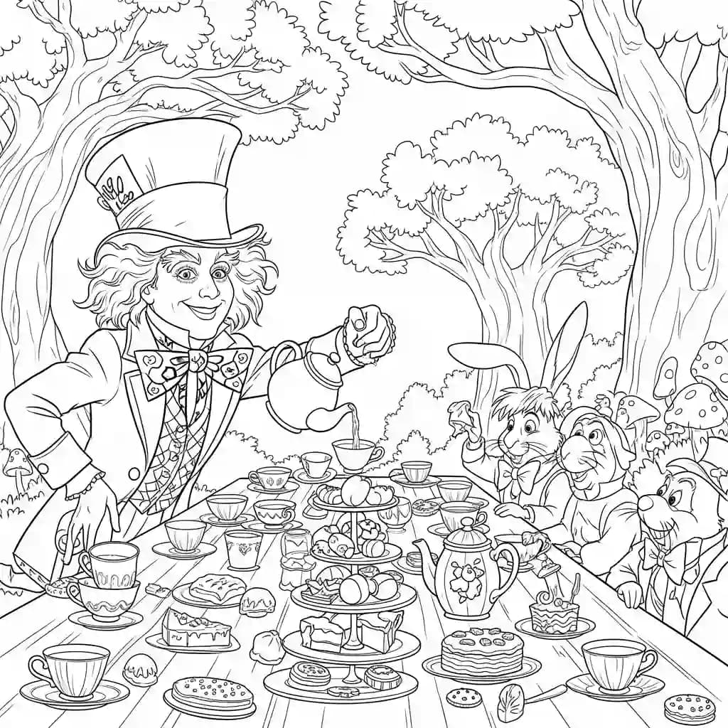 alice tomando chá com o chapeleiro maluco – desenho para colorir