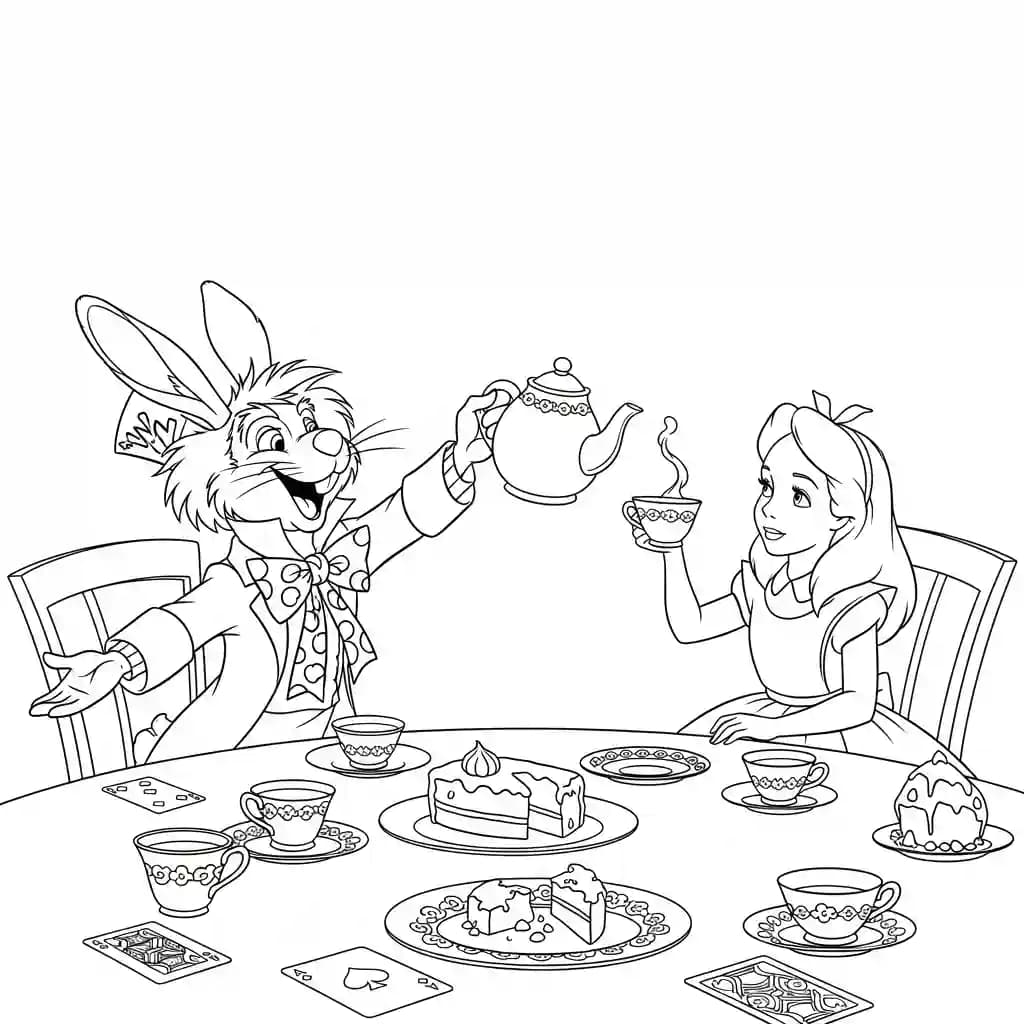 alice tomando chá com o chapeleiro maluco – desenho para colorir